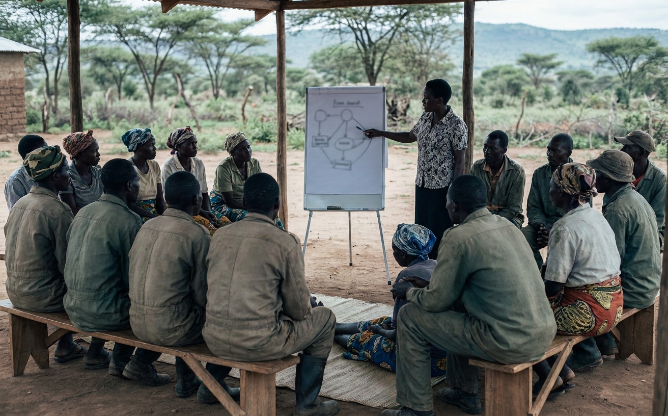 A facilitator stands beside a flipchart carrying an abstract diagram in front of a seated group of farmers in practical outdoor attire, at a small community financial-literacy session in natural light.